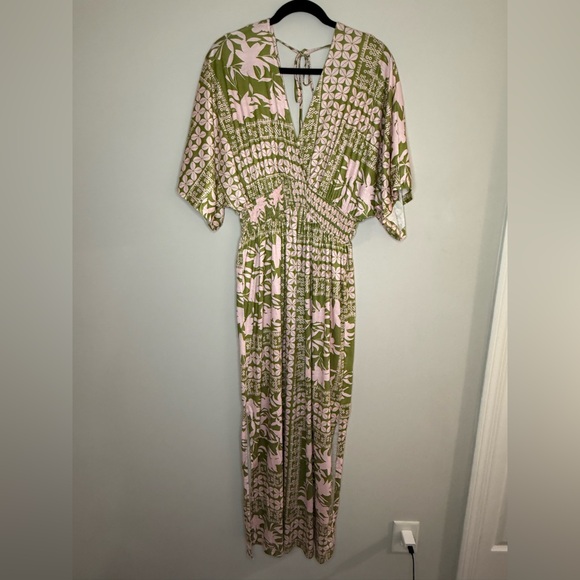 Green Pink Boho Maxi Dress V Neck Kimono Sleeve Smocked Waist Festival Vacation - Picture 1 of 5